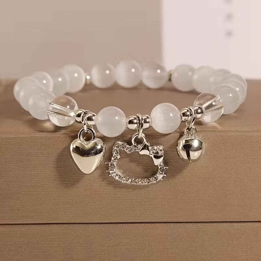 Silver Cat & Heart Charm Beaded Stretch Bracelet Dangle Pendant White Beads Boho